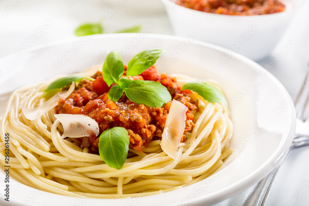 Spaghetti Bolognese with cheese and basil Spaghetti Bolognese with cheese and basil