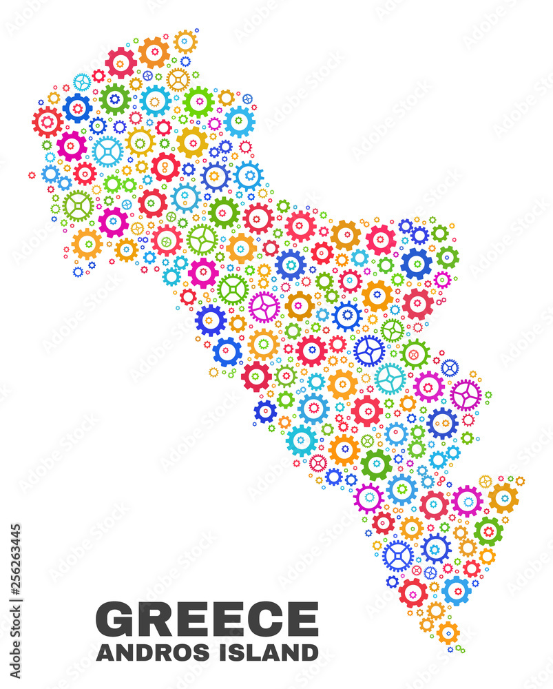 Mosaic technical Andros Island of Greece map isolated on a white background. Vector geographic abstraction in different colors.