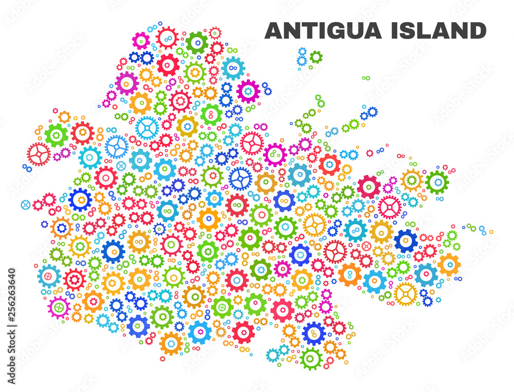 Mosaic technical Antigua Island map isolated on a white background. Vector geographic abstraction in different colors. Mosaic of Antigua Island map combined of scattered multi-colored cogwheel items. Mosaic technical Antigua Island map isolated on a white background. Vector geographic abstraction in different colors. Mosaic of Antigua Island map combined of scattered multi-colored cogwheel items.