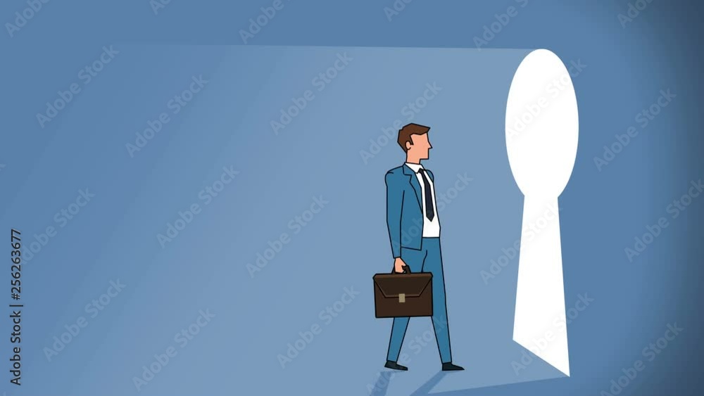 Flat cartoon businessman character walk entering to the exit keyhole success concept animation Flat cartoon businessman character walk entering to the exit keyhole success concept animation