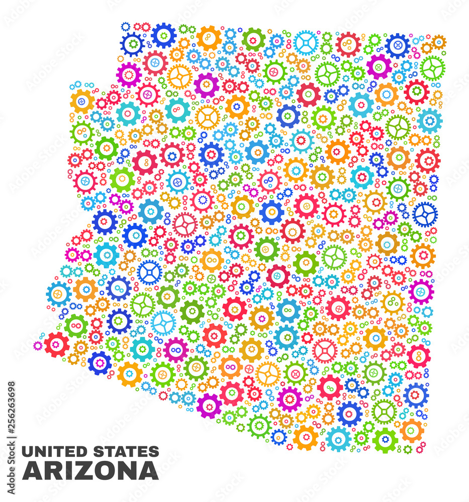 Mosaic technical Arizona State map isolated on a white background. Vector geographic abstraction in different colors. Mosaic of Arizona State map combined of scattered multi-colored cogwheel elements.