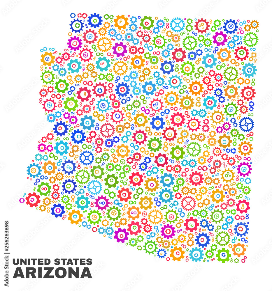 Mosaic technical Arizona State map isolated on a white background. Vector geographic abstraction in different colors. Mosaic of Arizona State map combined of scattered multi-colored cogwheel elements. Mosaic technical Arizona State map isolated on a white background. Vector geographic abstraction in different colors. Mosaic of Arizona State map combined of scattered multi-colored cogwheel elements.