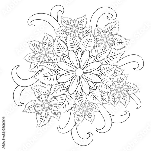 Black and white circle flower ornament, ornamental round lace design. Floral mandala