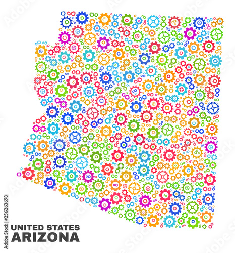 Mosaic technical Arizona State map isolated on a white background. Vector geographic abstraction in different colors. Mosaic of Arizona State map combined of scattered multi-colored cogwheel elements.
