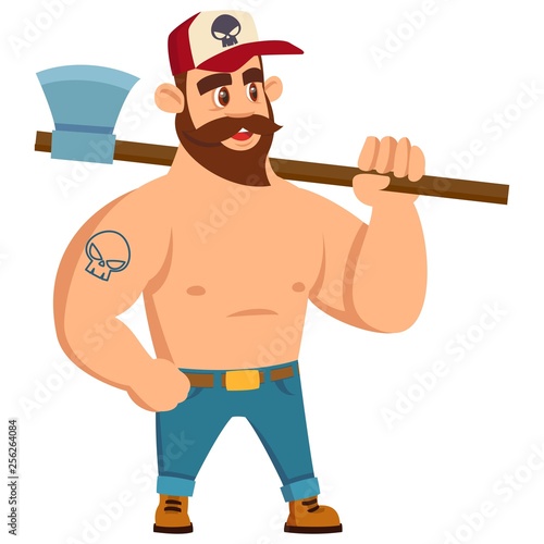 Lumberjack. Vector Illustration in Cartoon Flat Style. Strong, Handsome Man with a Naked Torso in a Stylish Cap