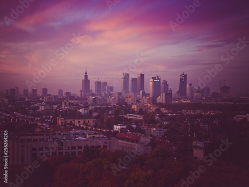 Beautiful colors sunset sunrise in Warsaw Poland with skyline buildings