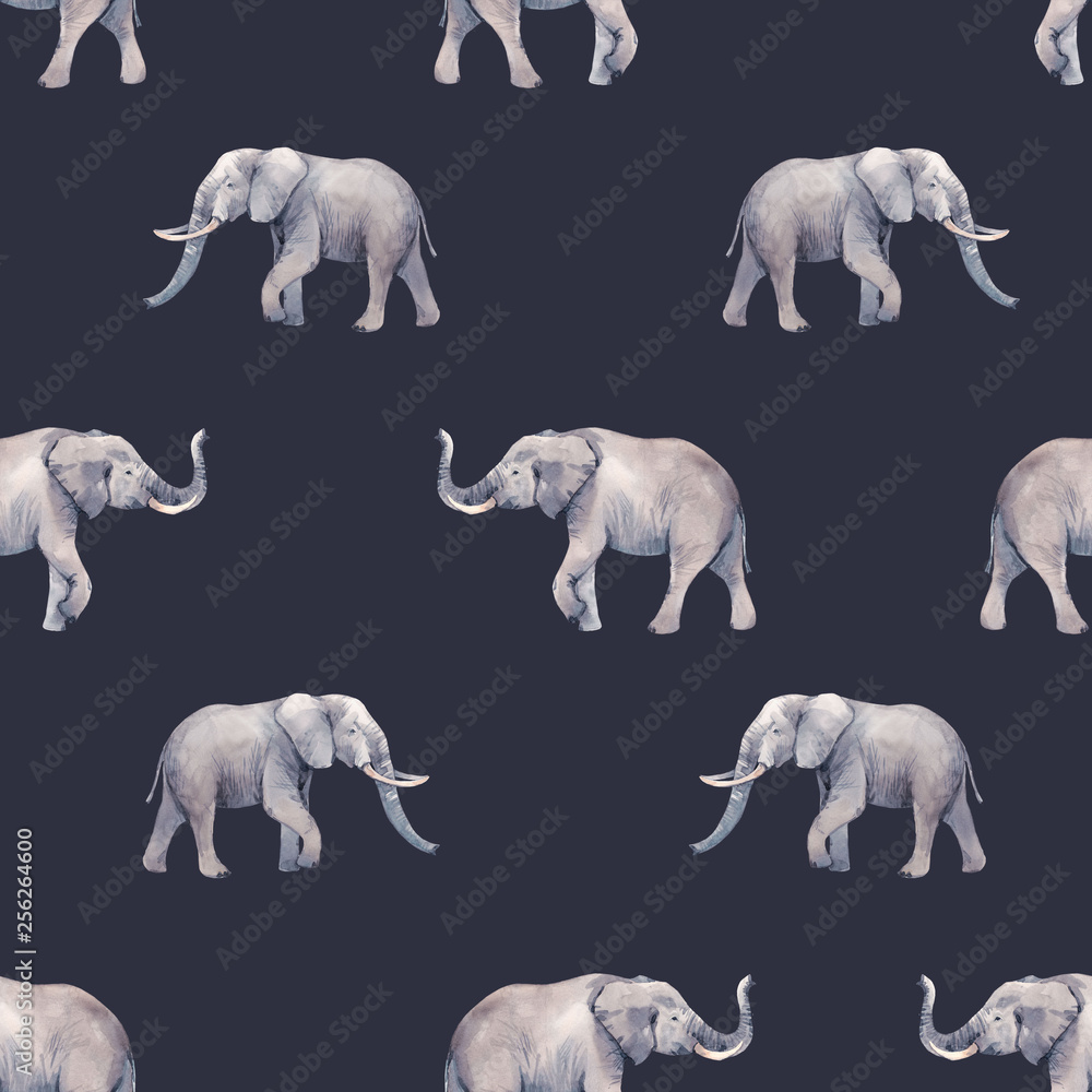 Pastel gray elephants on a navy blue background