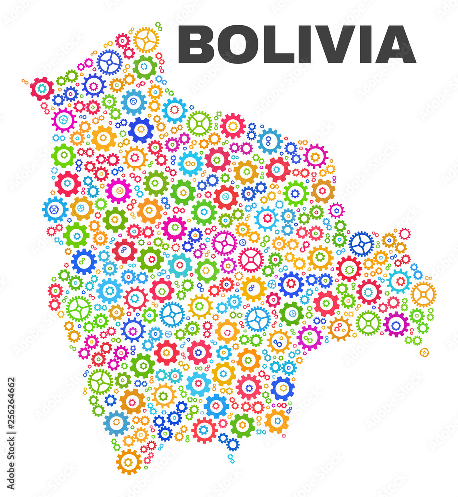 Mosaic technical Bolivia map isolated on a white background. Vector geographic abstraction in different colors. Mosaic of Bolivia map composed from scattered bright gear items.