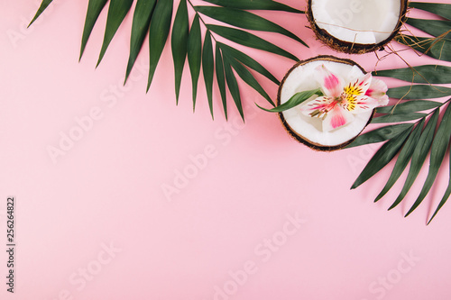 Coconut with flower astroemeria around palm leaves on a pink background