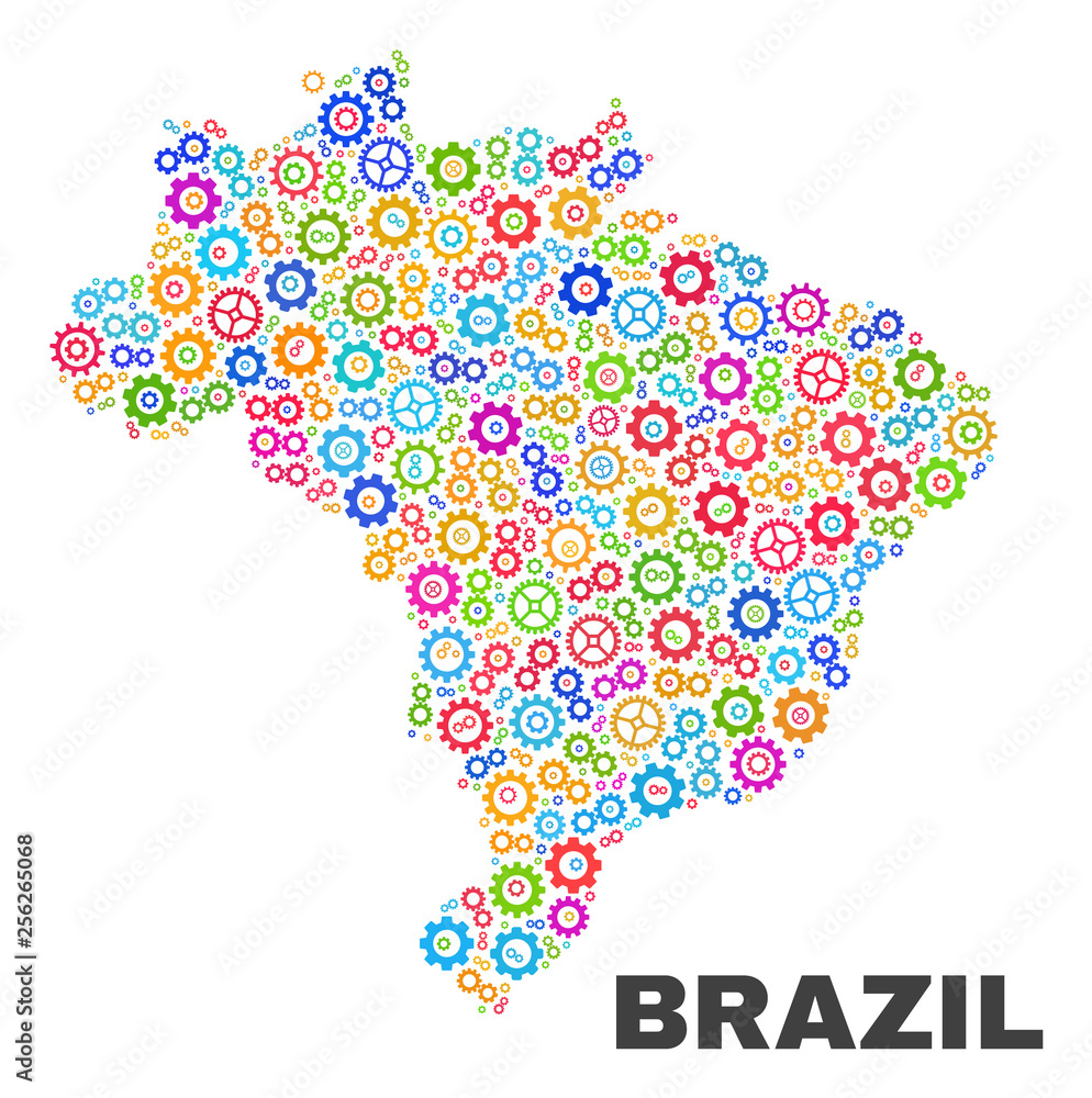 Mosaic technical Brazil map isolated on a white background. Vector geographic abstraction in different colors. Mosaic of Brazil map combined of random colorful cog elements. Mosaic technical Brazil map isolated on a white background. Vector geographic abstraction in different colors. Mosaic of Brazil map combined of random colorful cog elements.