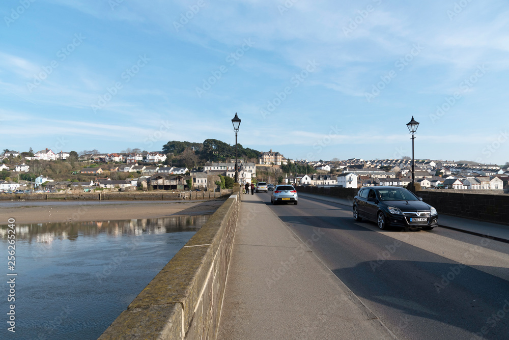 Bideford, North Devon, England, UK. March 2019. Bridge over the River Torridge looking at East the River a small community.