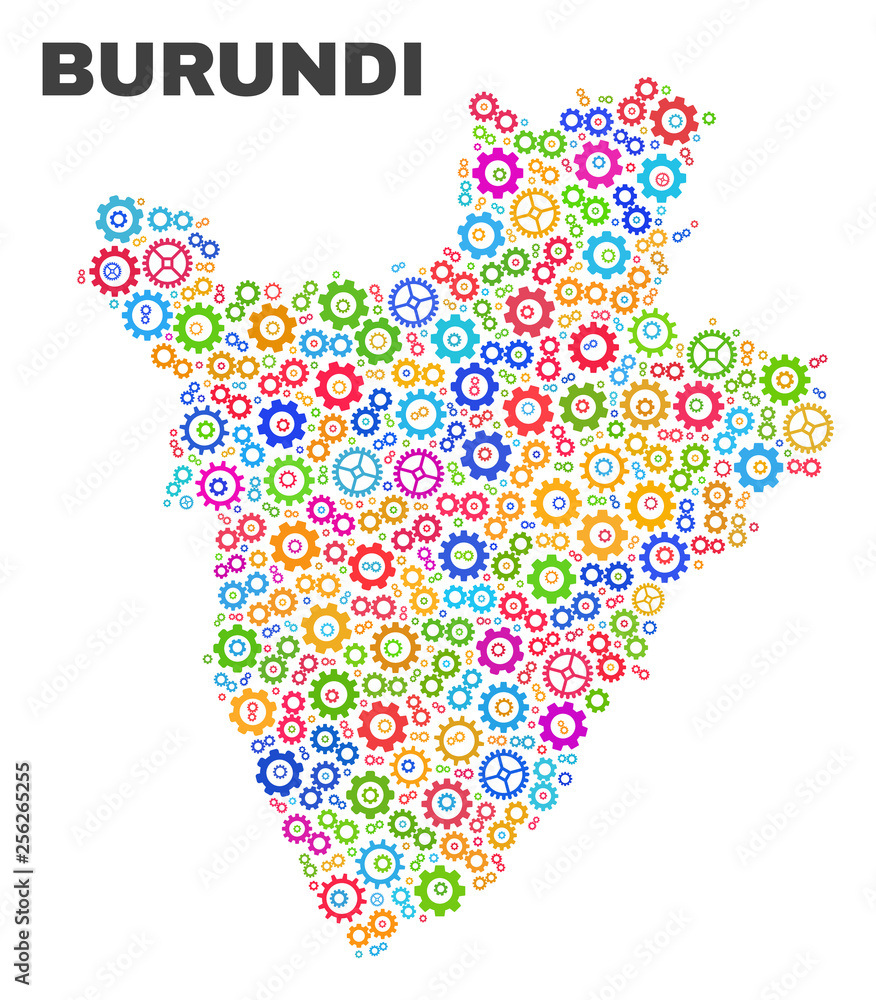 Mosaic technical Burundi map isolated on a white background. Vector geographic abstraction in different colors. Mosaic of Burundi map combined of random multi-colored cog items.