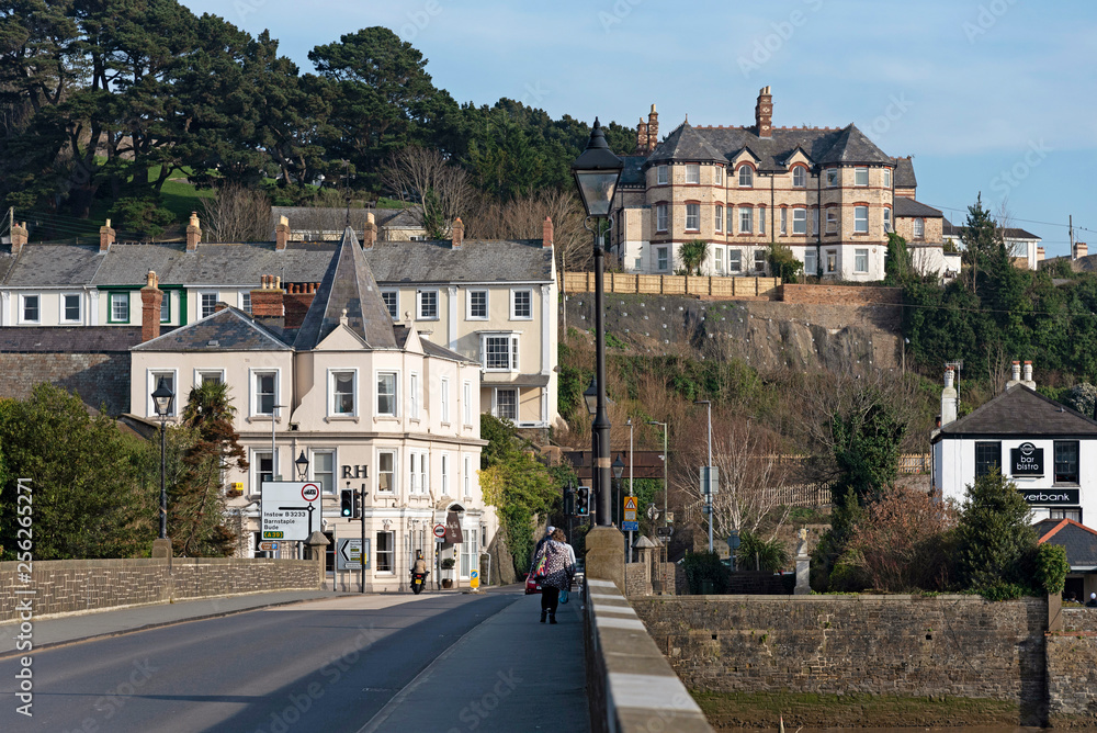 Bideford, North Devon, England, UK. March 2019. Bridge over the River Torridge looking at East the River a small community.