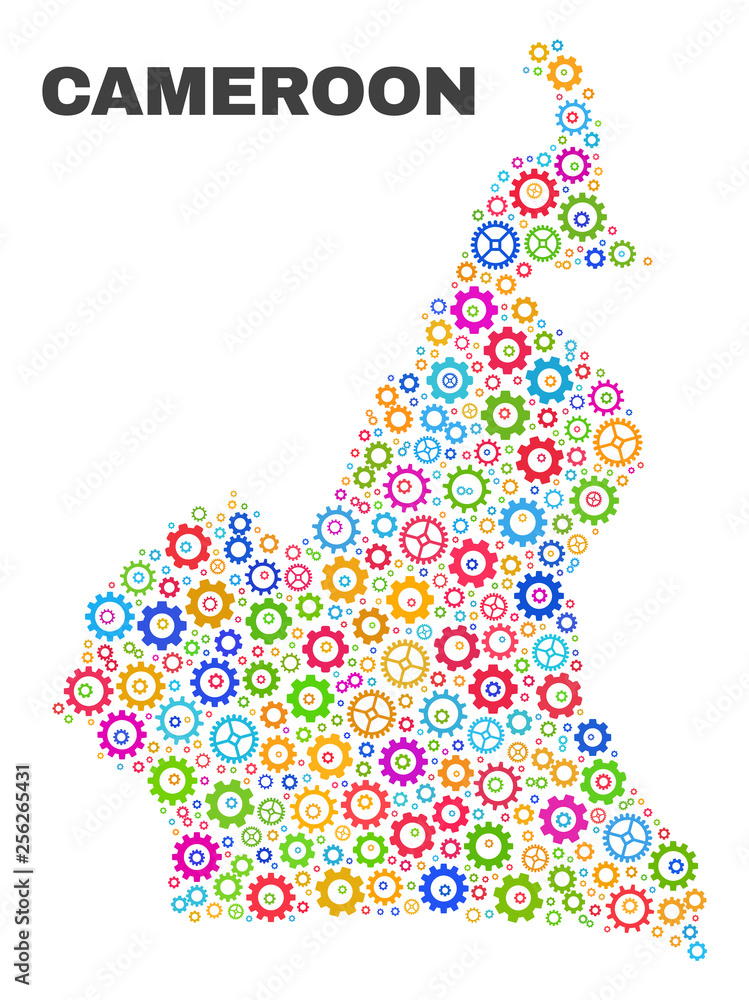 Mosaic technical Cameroon map isolated on a white background. Vector geographic abstraction in different colors. Mosaic of Cameroon map combined of random multi-colored gear items.