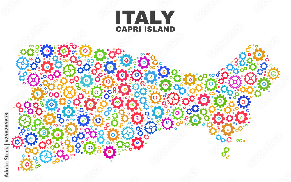 Mosaic technical Capri Island map isolated on a white background. Vector geographic abstraction in different colors. Mosaic of Capri Island map combined of scattered multi-colored cog elements.