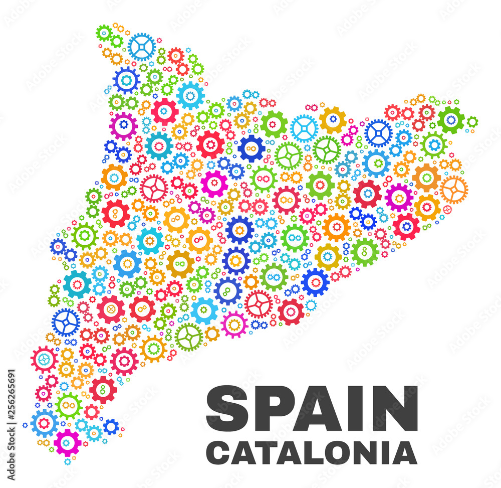 Mosaic technical Catalonia map isolated on a white background. Vector geographic abstraction in different colors. Mosaic of Catalonia map combined of scattered multi-colored cogwheel elements.