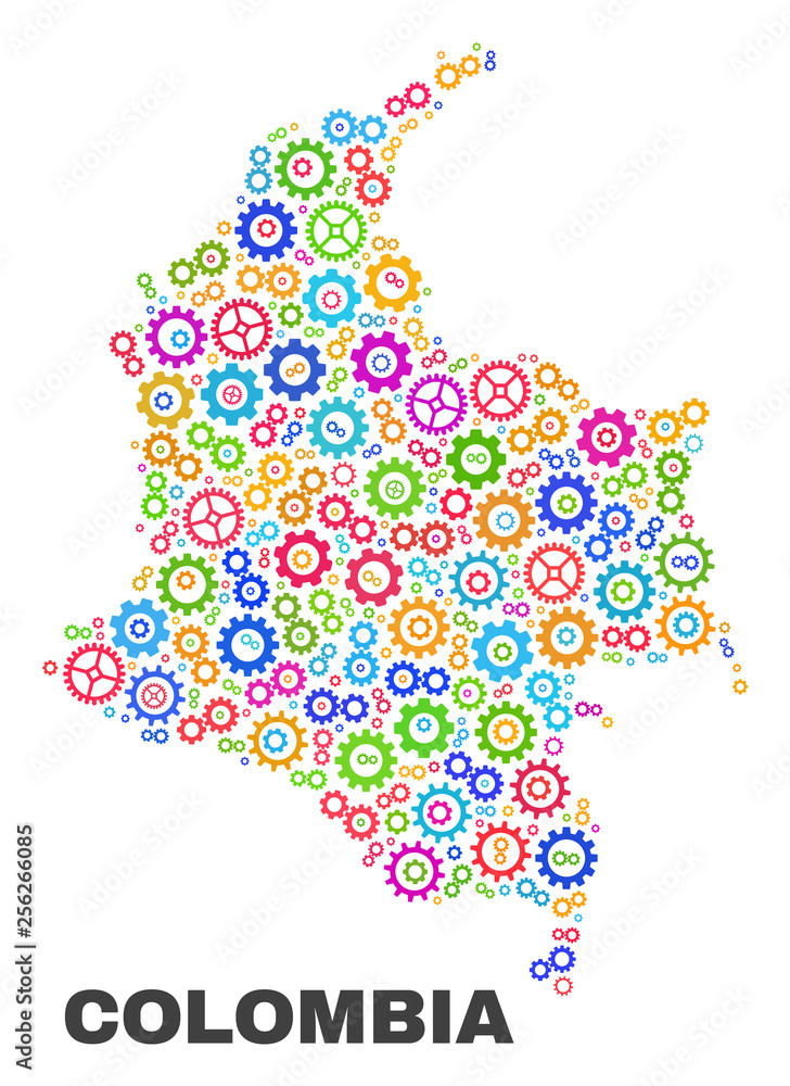 Mosaic technical Colombia map isolated on a white background. Vector geographic abstraction in different colors. Mosaic of Colombia map combined of random multi-colored cog items.