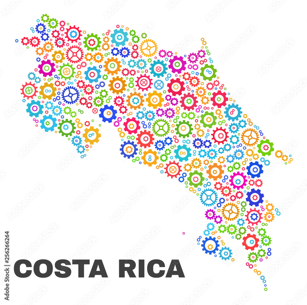 Obraz premium Mosaic technical Costa Rica map isolated on a white background. Vector geographic abstraction in different colors. Mosaic of Costa Rica map combined of scattered multi-colored gear items.