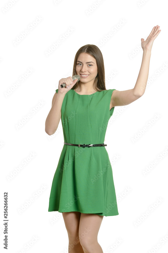 Happy young woman with microphone on white background Happy young woman with microphone on white background