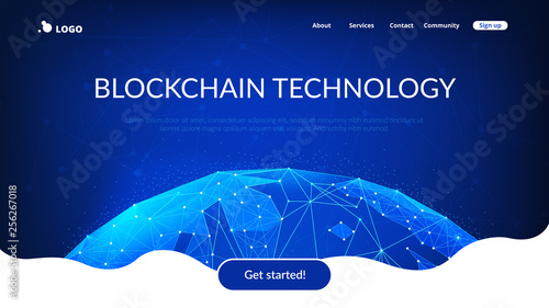 Blockchain technology futuristic hud banner with world globe.