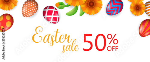 Easter sale, fifty percent off lettering, flowers and decorated eggs. Easter offer design. Handwritten text, calligraphy. For leaflets, brochures, invitations, posters or banners.