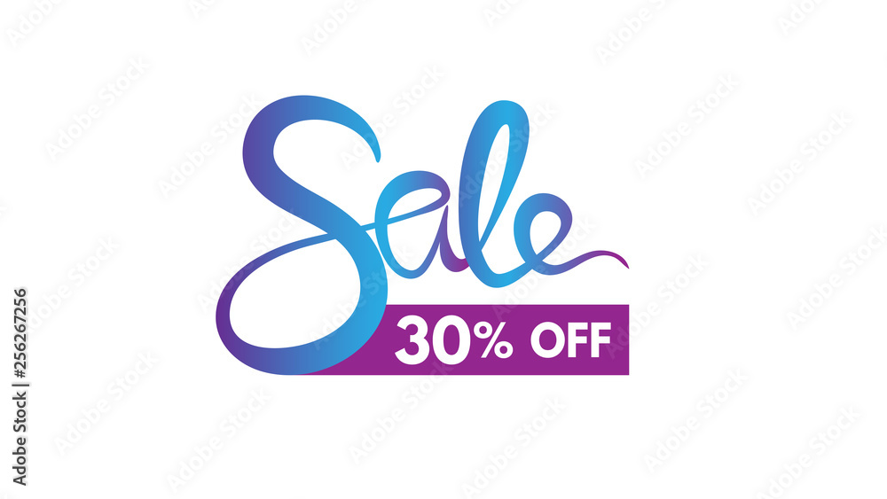 30% OFF Sale Discount Banner. Discount offer price tag. Special offer sale violet blue gradient label. lettering of sale. Summer colours.