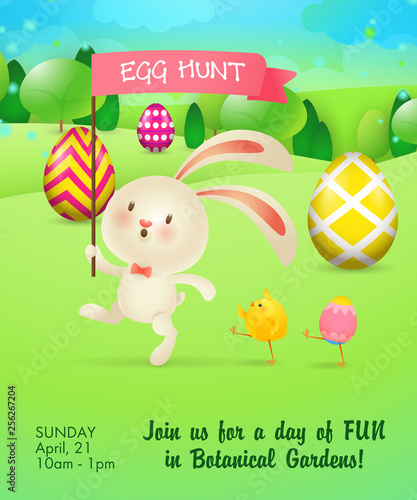 Egg Hunt lettering on flag held by rabbit walking in meadow. Easter invitation. Handwritten text  calligraphy. For leaflets  brochures  invitations  posters or banners.