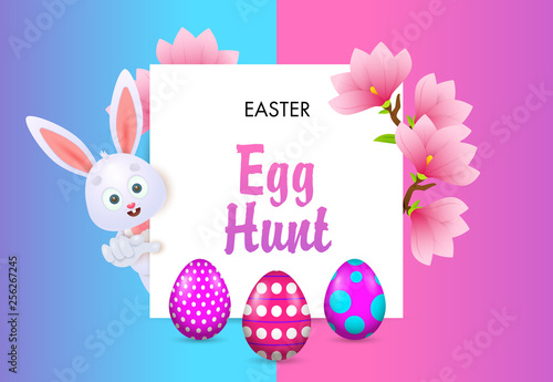 Egg Hunt lettering with bunny, flowers and eggs. Easter invitation. Handwritten text, calligraphy. For leaflets, brochures, invitations, posters or banners.
