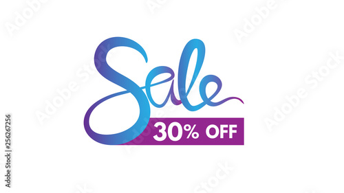 30% OFF Sale Discount Banner. Discount offer price tag. Special offer sale violet blue gradient label. lettering of sale. Summer colours.