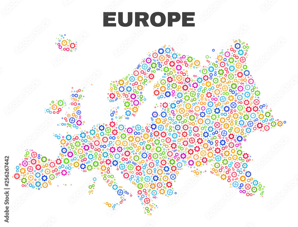 Mosaic technical Europe map isolated on a white background. Vector geographic abstraction in different colors. Mosaic of Europe map combined of random multi-colored wheel elements.
