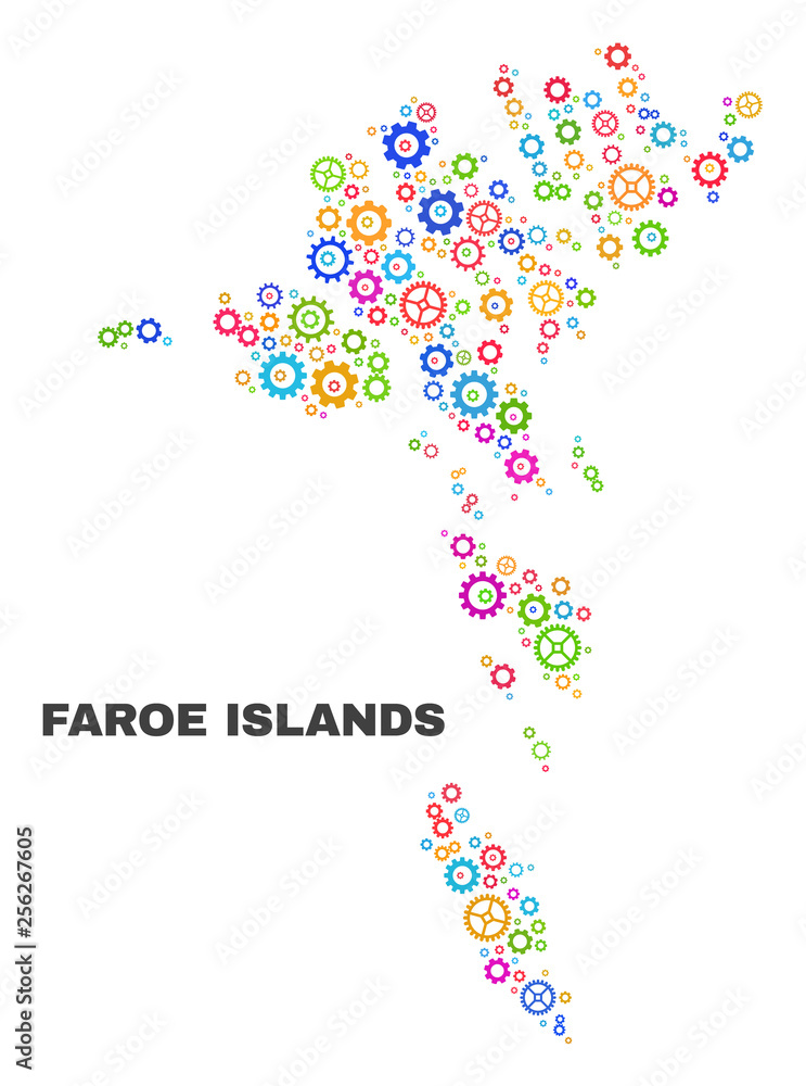 Mosaic technical Faroe Islands map isolated on a white background. Vector geographic abstraction in different colors. Mosaic of Faroe Islands map combined of random bright gear elements.