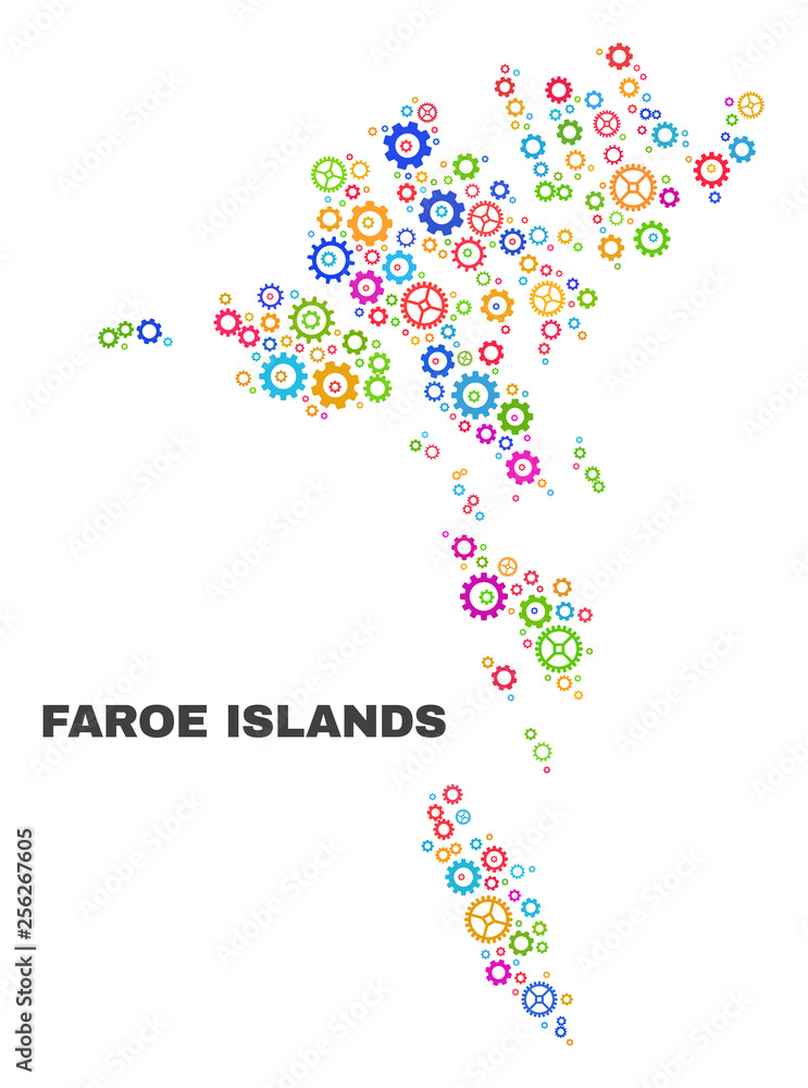 Mosaic technical Faroe Islands map isolated on a white background. Vector geographic abstraction in different colors. Mosaic of Faroe Islands map combined of random bright gear elements. Mosaic technical Faroe Islands map isolated on a white background. Vector geographic abstraction in different colors. Mosaic of Faroe Islands map combined of random bright gear elements.