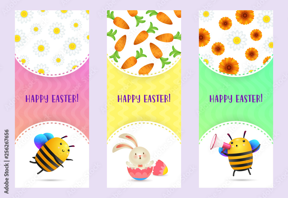 Happy Easter letterings set with bees, rabbit and flowers. Easter greeting cards set. Typed text, calligraphy. For leaflets, brochures, invitations, posters or banners.