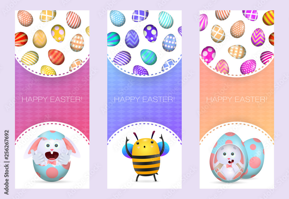 Happy Easter letterings set with bunnies inside eggs and bee. Easter greeting cards set. Typed text, calligraphy. For leaflets, brochures, invitations, posters or banners.