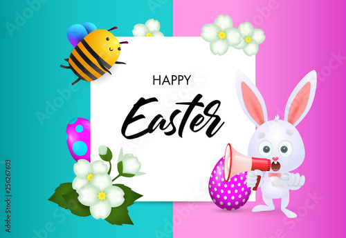 Happy Easter lettering with flowers, eggs, bee and bunny. Easter greeting card. Handwritten text, calligraphy. For leaflets, brochures, invitations, posters or banners.