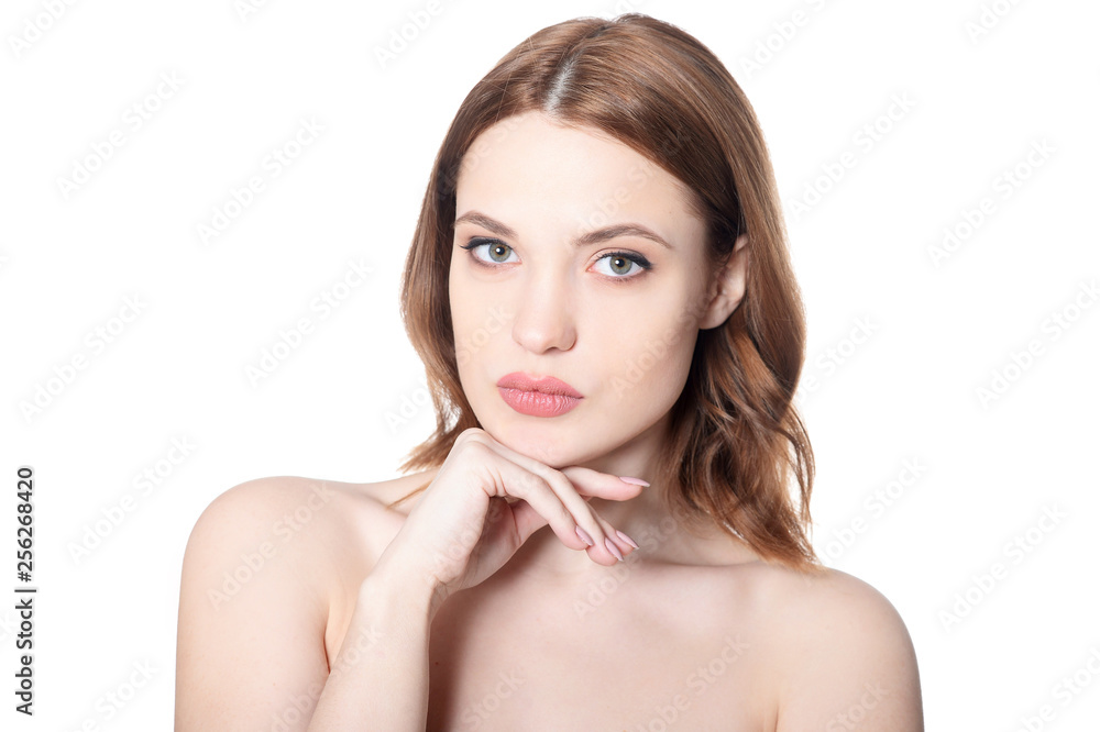 Close up portrait of beautiful young woman with perfect skin on white background Close up portrait of beautiful young woman with perfect skin on white background