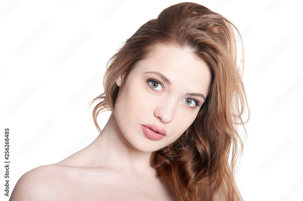 Close up portrait of beautiful young woman with perfect skin on white background Close up portrait of beautiful young woman with perfect skin on white background