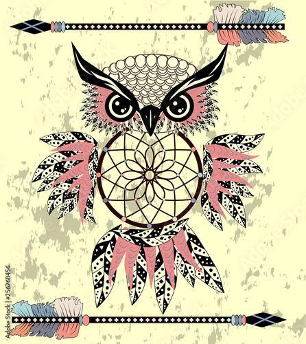 Hand drawn dreamcatcher with an owl, feathers and all seeing eyes. Indian talisman in boho style. American ethnic symbol. Shamanism, religion, occultism.