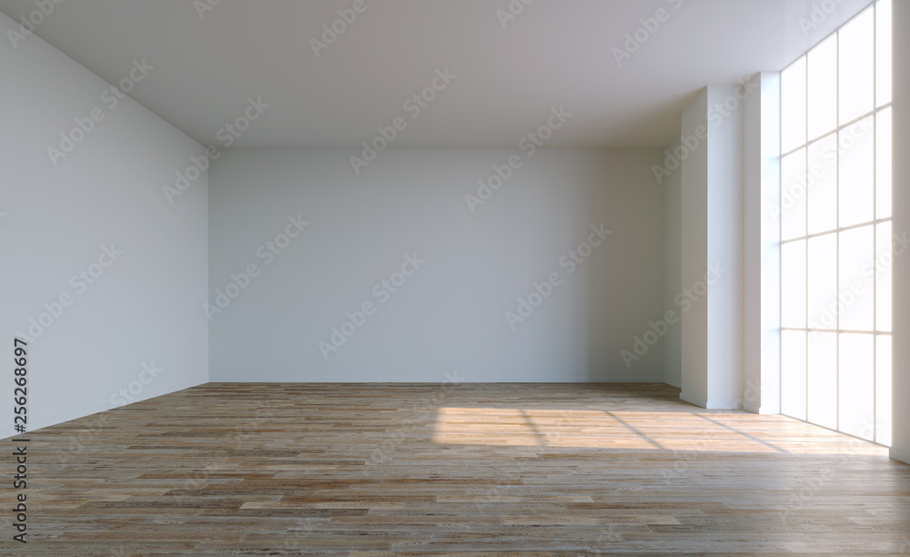 Fototapeta premium Empty white room with big window and sun light. 3D illustration.