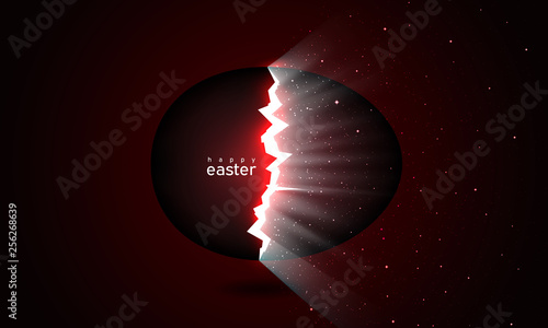 Broken easter egg giving birth to the universe. Rays of light and space with stars from cracks in an easter egg on a dark background. Vector, space for text, creative greeting card design