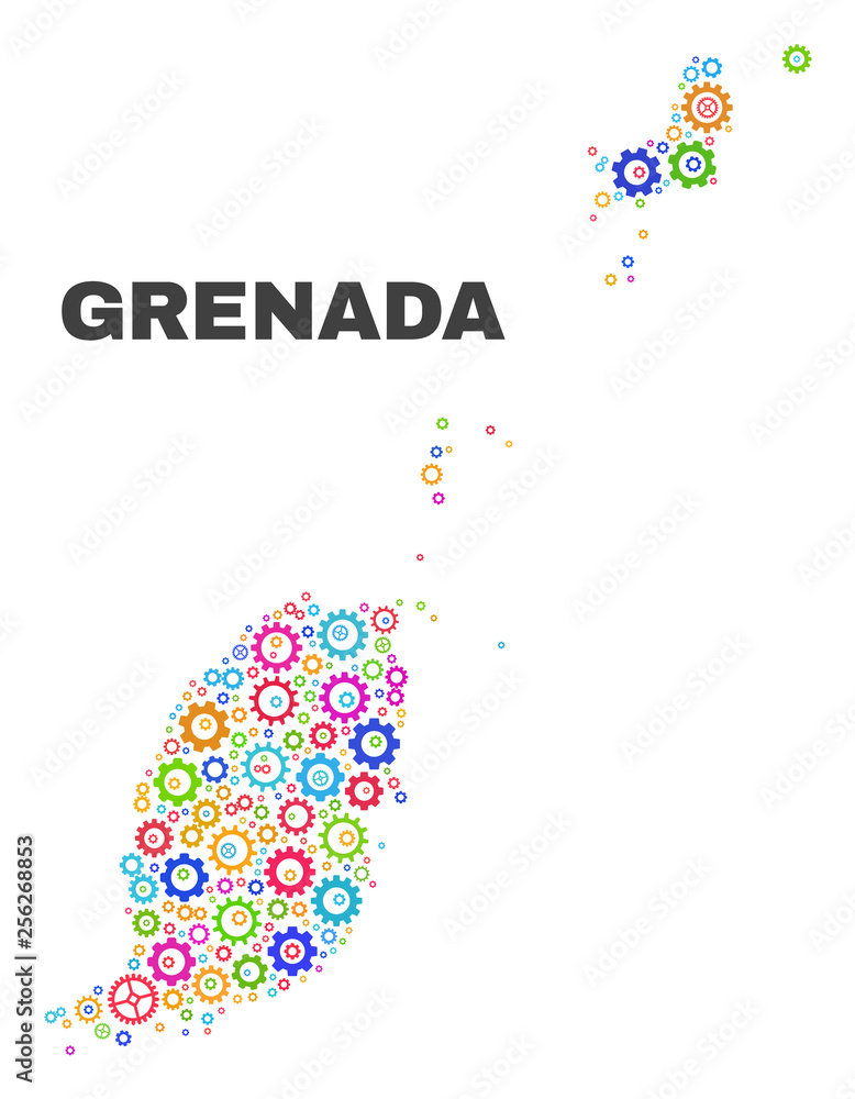 Mosaic technical Grenada map isolated on a white background. Vector geographic abstraction in different colors. Mosaic of Grenada map combined of random multi-colored wheel elements. Mosaic technical Grenada map isolated on a white background. Vector geographic abstraction in different colors. Mosaic of Grenada map combined of random multi-colored wheel elements.