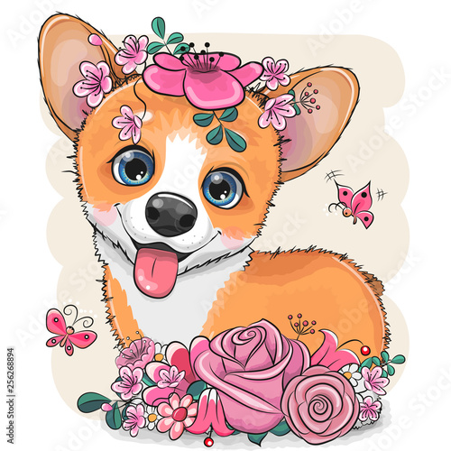 Cartoon Corgi with flowerson a white background