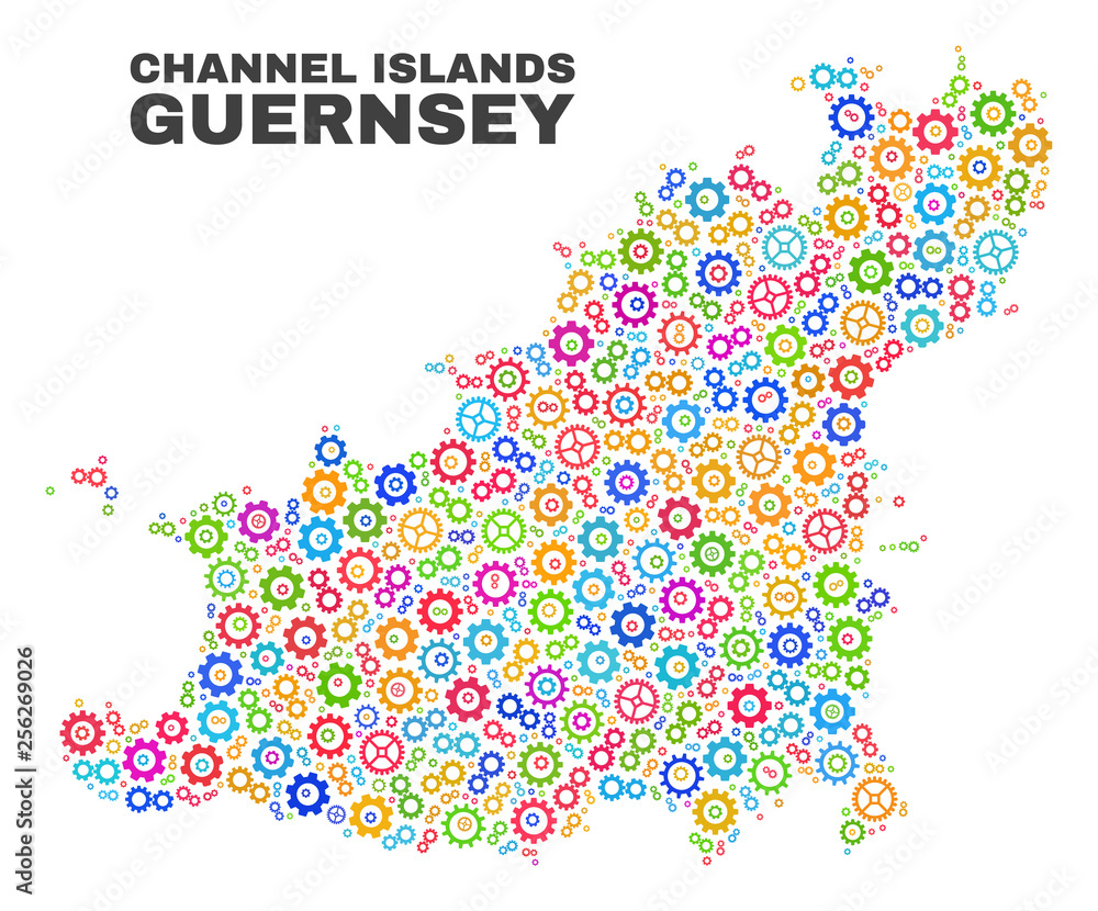 Mosaic technical Guernsey Island map isolated on a white background. Vector geographic abstraction in different colors. Mosaic of Guernsey Island map composed from scattered bright gear items.