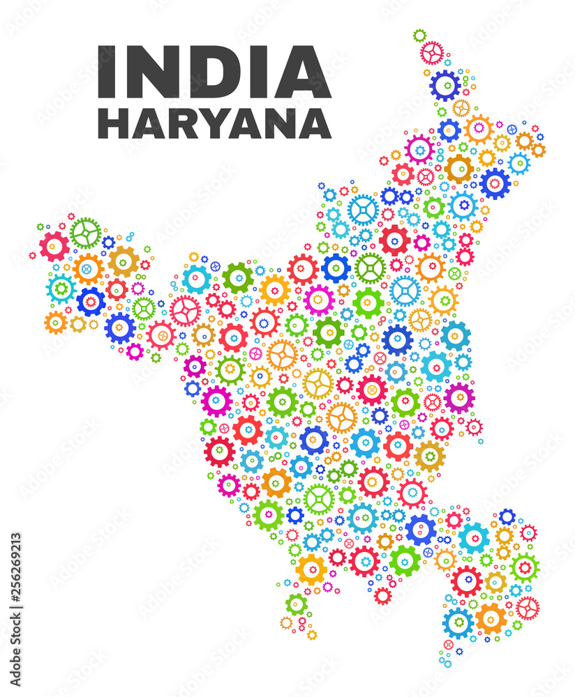Mosaic technical Haryana State map isolated on a white background. Vector geographic abstraction in different colors. Mosaic of Haryana State map composed from scattered multi-colored gearwheel items. Mosaic technical Haryana State map isolated on a white background. Vector geographic abstraction in different colors. Mosaic of Haryana State map composed from scattered multi-colored gearwheel items.