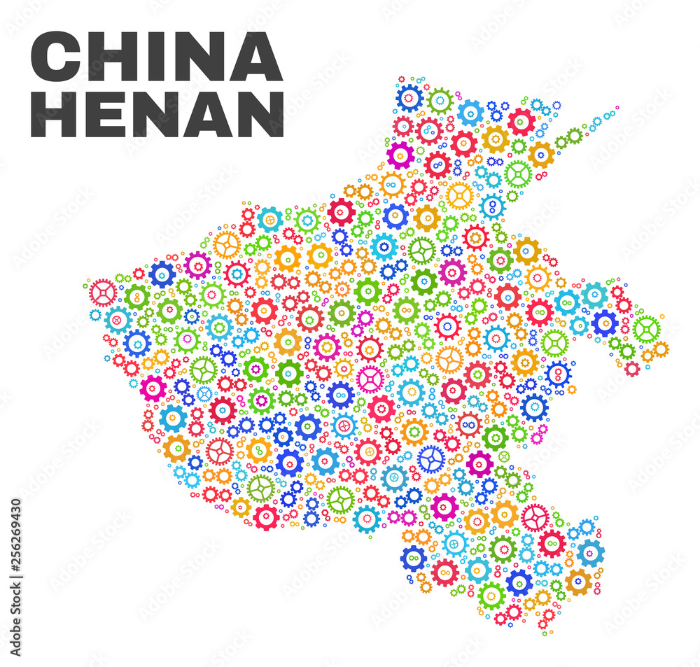 Mosaic technical Henan Province map isolated on a white background. Vector geographic abstraction in different colors. Mosaic of Henan Province map combined of scattered bright gearwheel elements.