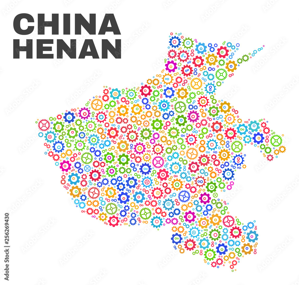Mosaic technical Henan Province map isolated on a white background. Vector geographic abstraction in different colors. Mosaic of Henan Province map combined of scattered bright gearwheel elements. Mosaic technical Henan Province map isolated on a white background. Vector geographic abstraction in different colors. Mosaic of Henan Province map combined of scattered bright gearwheel elements.