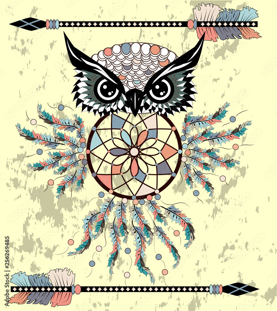 Dreamcatcher with owl. Zentangle. Abstract bird. Mystic symbol. American Indians symbol. for spiritual relaxation for adults. Decorative