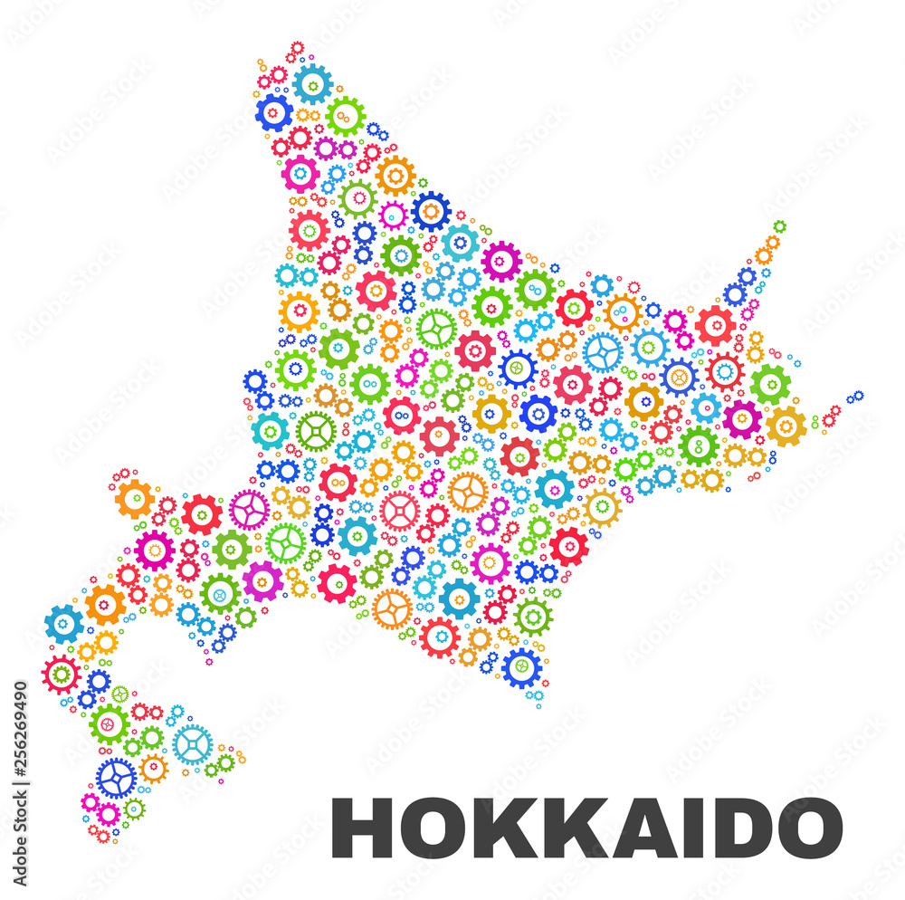 Mosaic technical Hokkaido map isolated on a white background. Vector geographic abstraction in different colors. Mosaic of Hokkaido map combined of scattered colorful gear items.