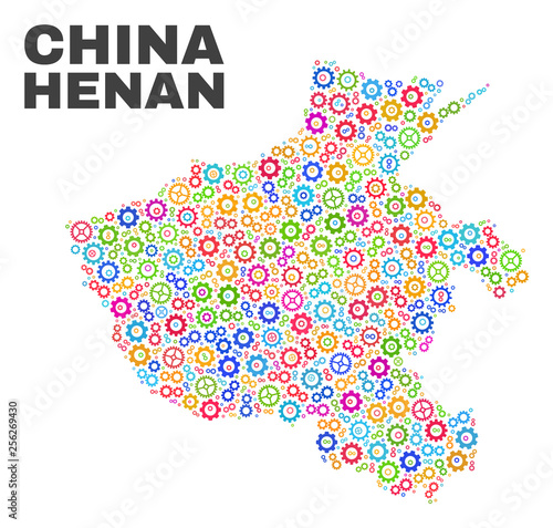 Mosaic technical Henan Province map isolated on a white background. Vector geographic abstraction in different colors. Mosaic of Henan Province map combined of scattered bright gearwheel elements.