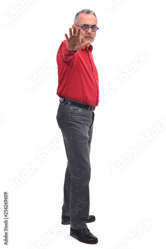 man with open hand and number five on white background